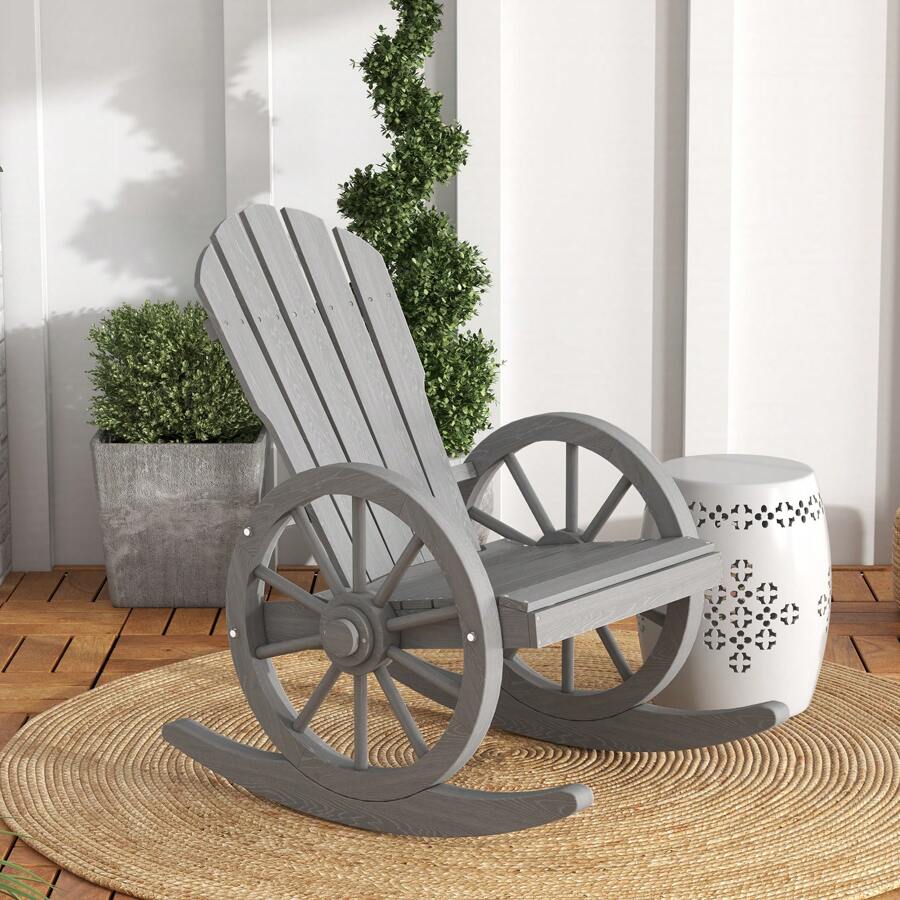 Outsunny Wooden Adirondack Rocking Chair Reclining Armchair Outdoor Garden Furniture Patio Porch Rocker - Grey - View 1
