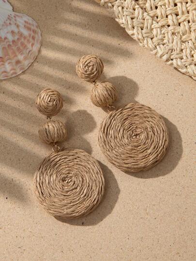 1 Cặp bông tai mặt tròn Raffia phong cách Bohemian, hoa tai bãi biển
