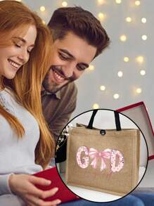 Khaki Tote Bag Two Pieces Set, Along With A Small Makeup Bag, "God" Letter Bow Zipper Women's Makeup Bag - Khaki - View 9