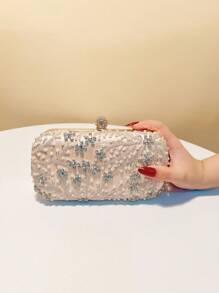 1pc Elegant Romantic Solid Color Pearl Beaded, Crystal Rhinestone Inlaid Hard Box Evening Bag, For Party, Wedding, Gathering