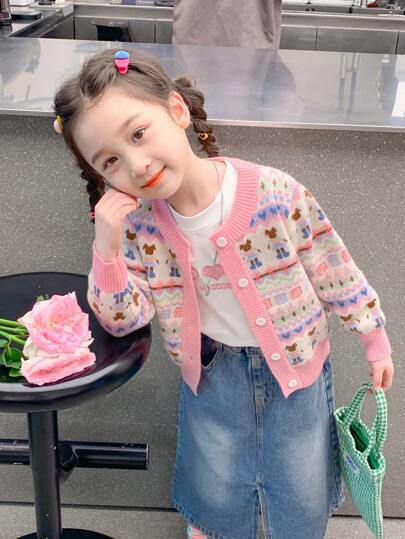 enmi bear Girls' Knitted Cardigan, Fashionable Baby Korean Style, Young Girl Winter Warm Fleece Jacket