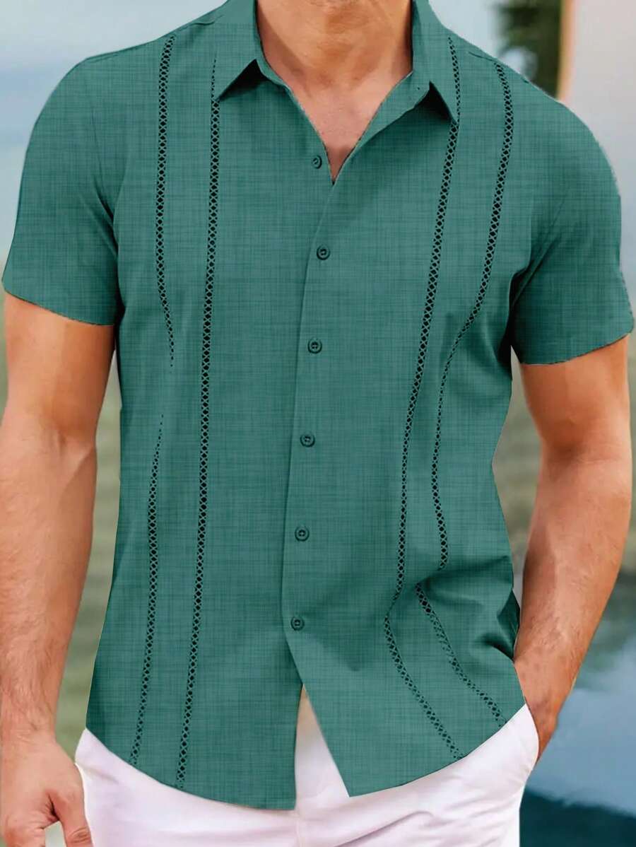 Camisa casual de vestir de manga corta y unicolor para hombre, para uso diario en la oficina - Verde - Ver 1