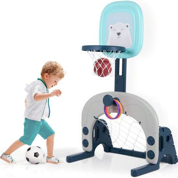 Kinder Basketballkorb Set, 3 in 1 höhenverstellbarer Basketballständer & Fußballtor & Wurfspiel für Kleinkinder, Sport für Jungen und Mädchen, Indoor geeignet