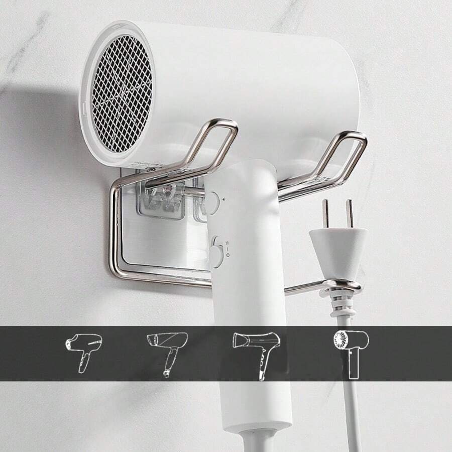 1 件装免钻不锈钢吹风机架、浴室架、节省空间壁挂式、银色、适用于浴室和沙龙