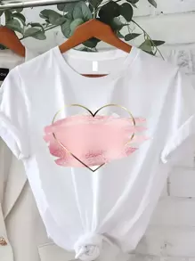 Hign Quality Geometric Heart Print T-Shirt- Spring/Summer Collection- Women'S Casual Top- Regular Length- No Detail,Women's Clothing, Cartoon And Letter Printing, Comfortable Cotton Material, Skin Friendly, Soft And Cool, Summer Women's T-Shirt Clothing - 白色 - 查看 1