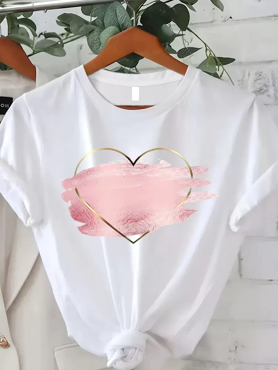 Hign Quality Geometric Heart Print T-Shirt- Spring/Summer Collection- Women'S Casual Top- Regular Length- No Detail,Women's Clothing, Cartoon And Letter Printing, Comfortable Cotton Material, Skin Friendly, Soft And Cool, Summer Women's T-Shirt Clothing - 白色 - 查看 1