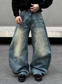 Men's Loose Fit Casual Multi-Pocket Wide Leg Jeans - Medium Wash - View 1