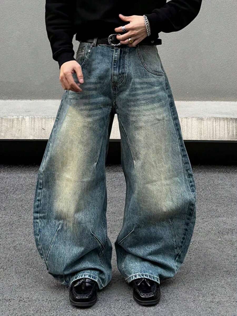 Men's Loose Fit Casual Multi-Pocket Wide Leg Jeans - Medium Wash - View 1