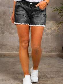 Lace Trim Wash Denim Shorts - Dark Grey - View 3