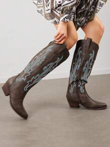Womens Vintage Embroidered Western Boots Cowboy Knee High Boots Comfortable Pull On Side Zipper Chunky Heel Cowgirl  Retro Tall Boots - 棕色 - 查看 4