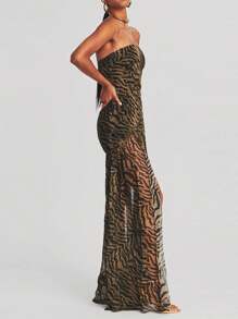 Women Y2k Tube Top Maxi Dress Strapless Backless Tropical Leopard Print Mesh Patchwork High Slit Long Dress Party Club Prom Bodycon Dresses Summer Beach Going Out Dresses - màu nâu - Xem 5