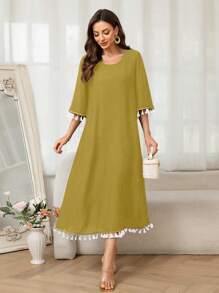 女士夏季休闲复古简约流苏袖长裙 - 黃色 - 查看 3