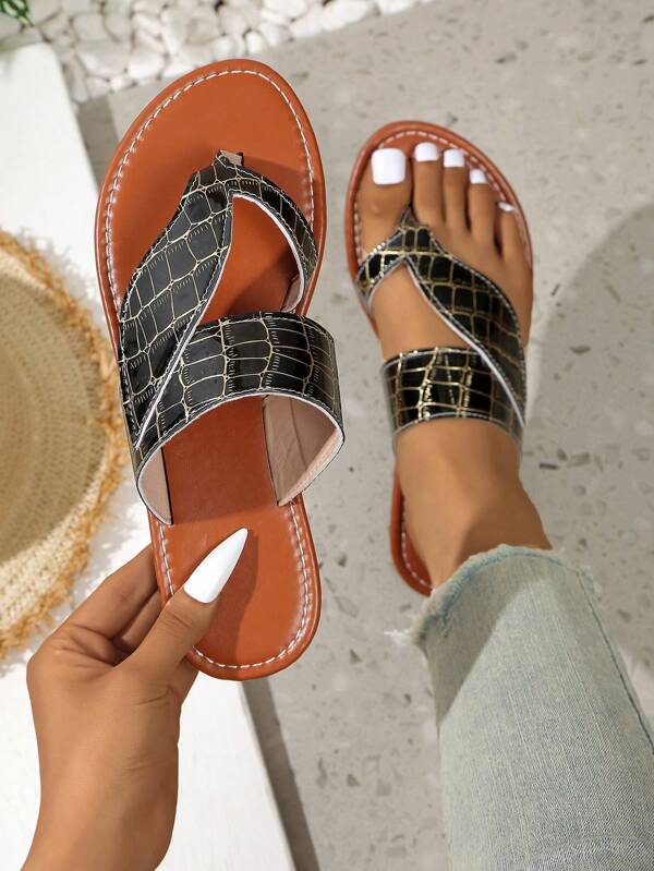 Chanclas de verano 2025 para mujer talla grande, sandalias de piso con costura de unicolor y cuadrícula