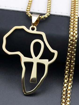 African Map Side Line Pendant Necklace Women Men Stainless Steel Gold/Silver Cross Cross Key Life Necklace