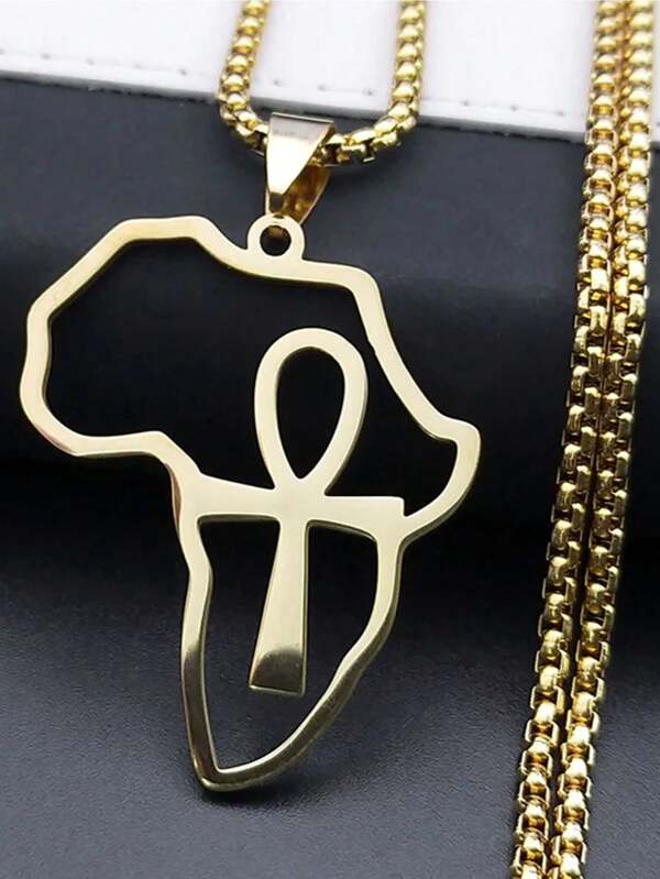 Unisex Stainless Steel Africa Map Outline Pendant Necklace, Gold/Silver Cross & Key Of Life Necklace