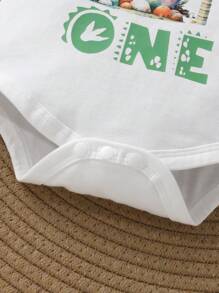 2pcs Set Casual Cute Gentleman Bowknot Decor Playful Dinosaur & Letter Print Romper And Solid Color Overalls Set, Soft Breathable Baby Boy Clothes, Infant Outfit, Newborn Baby Clothing, Baby Birthday Outfit, Suitable For Daily, Vacation, Party, Photo Shoot