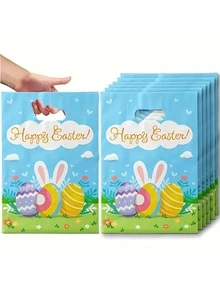 12 件各种复活节彩蛋和兔子图案塑料手提袋，多色，可爱兔子元素，节日礼品袋，适合复活节庆祝活动