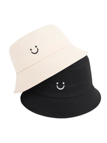 2pcs Women Smiling Face Embroidery Versatile Bucket Hats, Adjustable Festival Couples Casual Sports Hat For Cycling, Sightseeing, Travel, Streetwear, Party