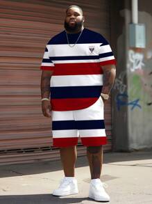 时尚格子拼色设计优雅图案印花 | 大码男士短袖套装 | 3D 立体印花圆领上衣 | 弹力透气涤纶 | 休闲运动风格 | 大码宽松版型 | 日常 & 派对穿着 - 彩色 - 查看 1