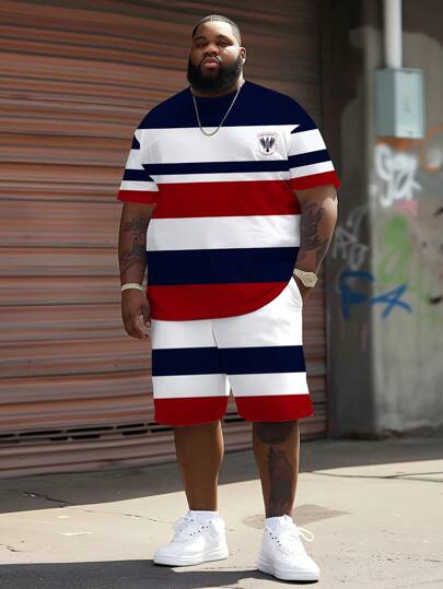 Fashion Plaid Colorblock Design Elegant Graphic Print | Plus Size Men's Short Sleeve Set | 3D Stereoscopic Print Crew Neck Top | Stretchy Breathable Polyester | Casual Sporty Style | Plus Size Loose Fit | Daily & Party Wear