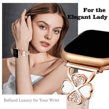 Correa de reloj de cuero genuino compatible con Apple Watch de 38 mm/40 mm/41 mm/42 mm/44 mm/45 mm/46 mm/49 mm - Ultra delgada y refinada, resistente al sudor y cómoda - Diseño de moda elegante minimalista - Diseño de trébol de cuatro hojas con diamante - Compatible con Apple Watch Series 10/9 Ultra/SE/8/7/6/5/4/3/2/1 - Accesorio de repuesto para correa de reloj - Polvo de luz de estrellas - Ver 6