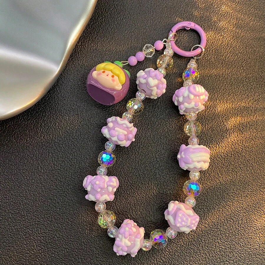 Candy Color Beaded Chain Strap, Hand-Painted Graffiti Design Phone Lanyard, Bracelet, Backpack Hanging Decor, Camera Accessory - Multicolor - View 1