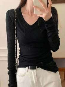 Women Long Sleeve T Shirt Thin Perspective Summer Solid Slim Casual Shirts Female Pullovers Basic Tee Y2k Clothes Streetwear Top - Black - View 7