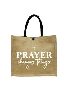 Geantă tote din in negru cu model inspirațional de litere și geantă de machiaj, geantă de cumpărături portabilă