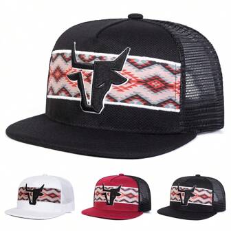 1pc Men's Baseball Cap With Bull Embroidery, Street Fashion Hip Hop Hat, Adjustable Breathable Mesh Snapback For Outdoor Spring Autumn Travel Beach Party