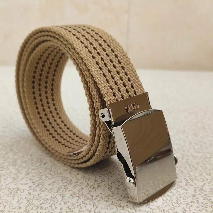 男女通用帆布腰带，适合青少年、学生、军事训练，休闲编织格纹波西米亚涤纶腰带，四季皆宜 - 杏色 - 查看 1