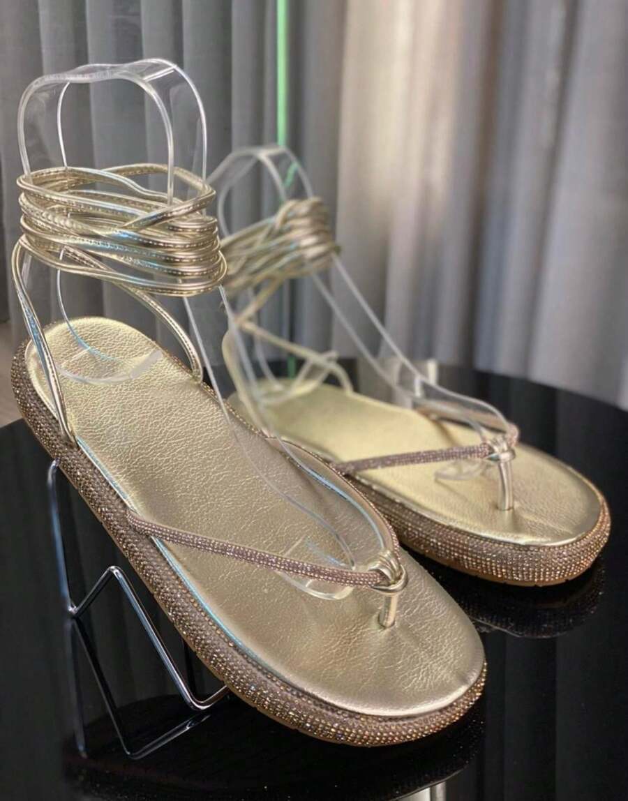 Women's Flat Birken Slide Sandal Shiny Delicate Lacing Lightweight - Vàng - Xem 1