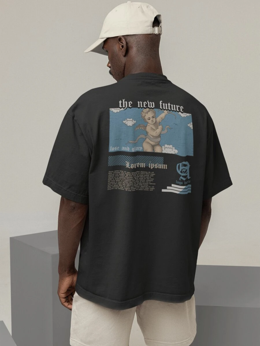 Oversized T-Shirt Turtleneck Unisex Streetwear 100% Cotton Urban Style Workout Casual Black And Off Whte Printed - 黑色 - 查看 1