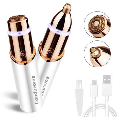 Conduroma Recortador de cejas para mujeres, eliminador de vello facial recargable 2 en 1 y afeitadora de cejas, recortador facial de cejas, afeitadora facial indolora para cara, labios y Body con luz LED en anillo