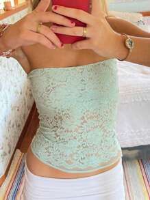 Women Lace Tube Top Without Bra  Y2k Floral Lace Sheer Mesh Strapless Bandeau Crop Tops Sexy Backless Sleeveless See Through Going Out Tops Off Shoulder Vests Shirts Vintage Aesthetic Clothes Streetwear - 薄荷綠 - 查看 3