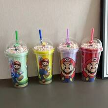 Super Mario Taza con aislamiento de doble pared con diseño temático de Super Mario, con pajita y tapa a prueba de fugas, de 16 onzas a prueba de derrames, con ilustraciones vibrantes de Super Mario, taza portátil excelente para acampada al aire libre, conducción y viajes