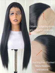 13x4蕾丝前置合成假发，预先拔毛，长直发，无需胶水，1B黑色，女士假发，26英寸，即插即用，适合初学者