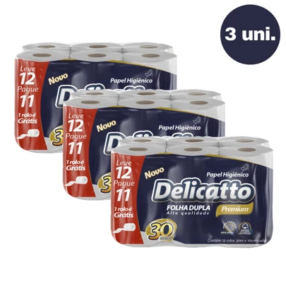Kit com 12 Papel Higiênico macio Delicatto Premium e Folha Dupla - 12 Rolos 30 metros