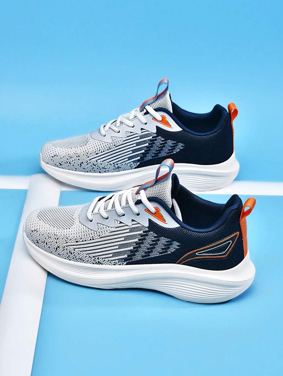 Men's Fashion Soft Bottom Running Shoes, Knit Mesh Breathable Lightweight Shock-Absorbing Sneakers, Versatile Casual Round Toe Outdoor Jogging Shoes - Blue and White - View 1