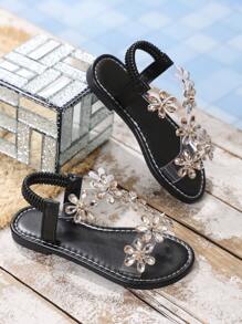 1 Pair Infant/Toddler Girls Rhinestone Sunflower Jelly Sandals, Transparent Strap, Flat, Round Toe, Elastic, Non-Slip, Fashionable, Cute, Comfortable, Casual, Suitable For 3-15 Years Old Boys And Girls, School, Gathering, Wedding, Indoor, Outdoor, Beach, Spring/Summer
