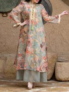 Women's Notched Collar Floral Print, Random Print, 2 In 1, Casual Long Sleeve Arabic Style Dress, Multi-Color, Modest Kaftan