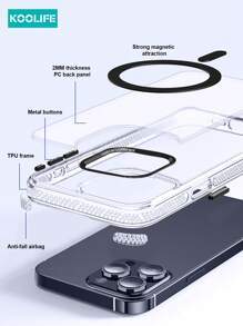 Koolife 1pc Magnetic Charging 2-In-1 Full Body Hard Transparent Phone Case With Metal Lens Frame, Metal Buttons, Air Cushion Protection, High Screen Protection, Compatible With IPhone 16/16 Pro/16 Pro/15/15 Pro/15 Pro Max/15 Plus/14/13/12/11 Waterproof Shockproof Anti-Fall Scratch Resistant