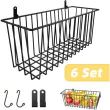 Simple Trending 6 Pack Wire Basket Wall Mount Baskets Hanging Baskets, Cabinets Organizer And Storage With Hooks For Kitchen, Garage And Bathroom
