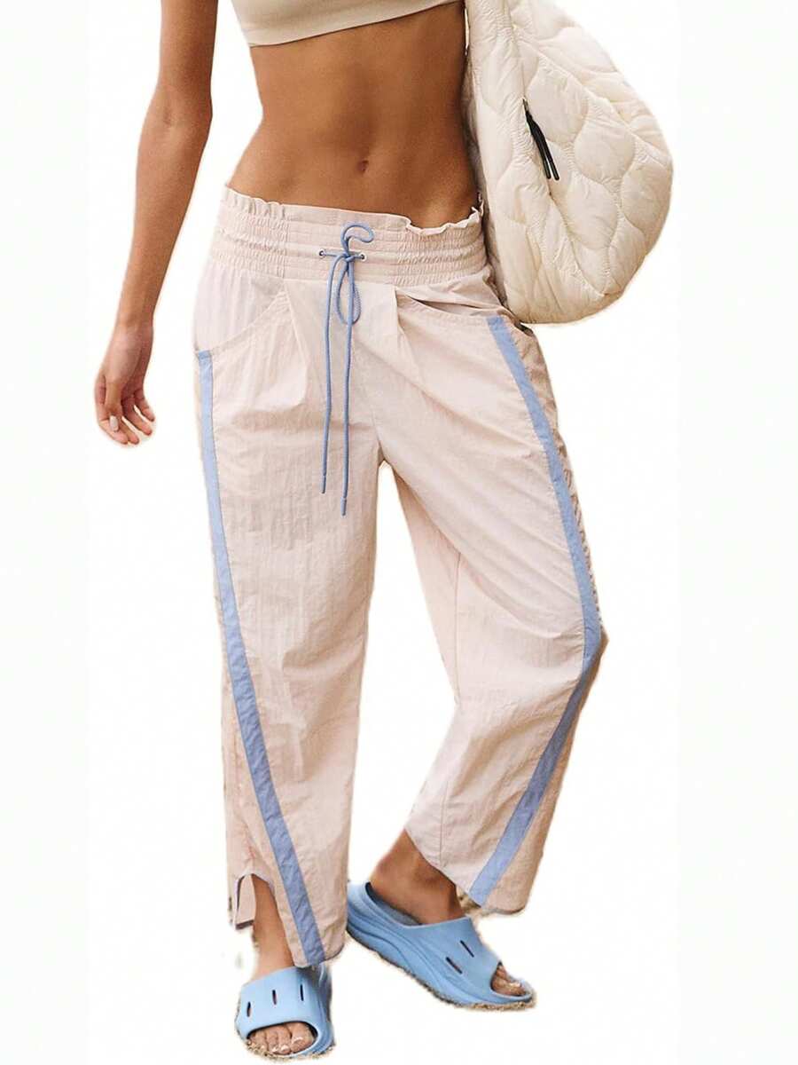 Womens Drawstring Sweatpants Side Striped Elastic Waistband Casual Pull On Long Pants - Beige - View 1