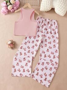 2 件套青少年女孩休闲时尚简约睡衣套装，包含一件带有泰迪熊印花的背心，搭配泰迪熊全印花宽松裤，适合春夏季女孩在家穿着 - 粉色 - 查看 3