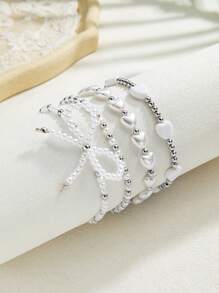 4pcs Bohemian Beach Vacation Style Bowknot Faux Pearl Heart Shape Golden CCB Anklet,Suitable For Ladies Vacation Wear - Multicolor - View 8