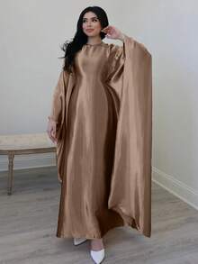 Women Loose Robe, Soft Satin Butterfly Skirt, Solid Waisted Batwing Sleeve Robe - Gold - View 2