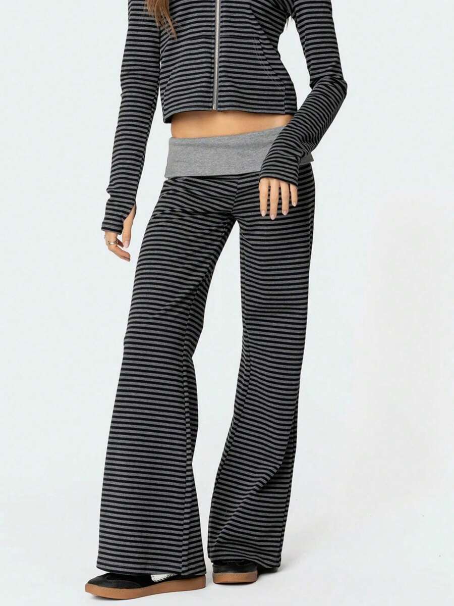 Women Fold Over Yoga Pants Low Rise Solid Color Stretch Casual Straight Wide Leg Palazzo Pants Loose Fit Comfy Flared Leggings Gym Lounge Pants Bootcut Bell Bottoms Baggy Sweatpants Teen Girl Back To School Bottoms Y2k Streetwear - 淺灰色 - 查看 1