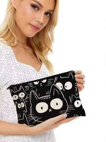 1 Pc Funny Cat Retro Cat Pattern Cosmetic Bag, Funny Cat Toiletry Bag, Portable Travel Storage Bag,Zipper Lightweight Makeup Pouch For Women,For Holiday Beach, Bathroom Collection, Bedroom Collection, Large Capacity - Black - View 2