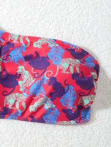 New Summer Monkey Print One-Shoulder Thong Bikini Swimwear Set - Multicolor - View 6