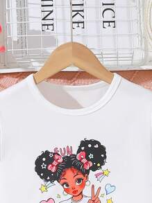 2pcs/Set Summer Girls Casual Cute Cartoon Printed Round Neck Short Sleeve T-Shirt And Denim Shorts Set - White - View 2